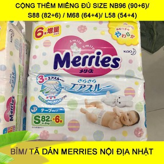 BỈM/ TÃ DÁN MERRIES NỘI ĐỊA NHẬT BẢN CỘNG THÊM MIẾNG ĐỦ SIZE NB96 (90+6)/ S88 (82+6)/ M68 (64+4)/ L58 (54+4)  Baoyen