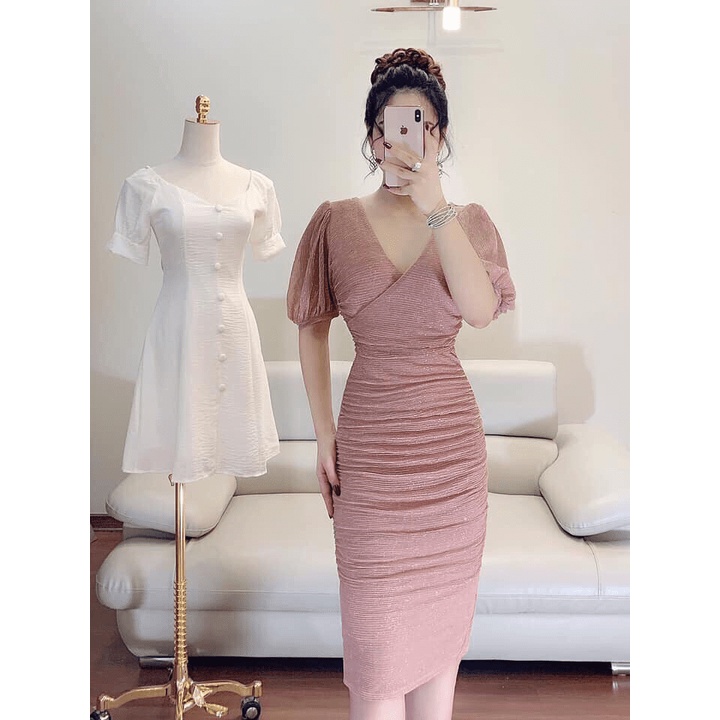 Đầm body đắp chéo hồng kim tuyến nhũ