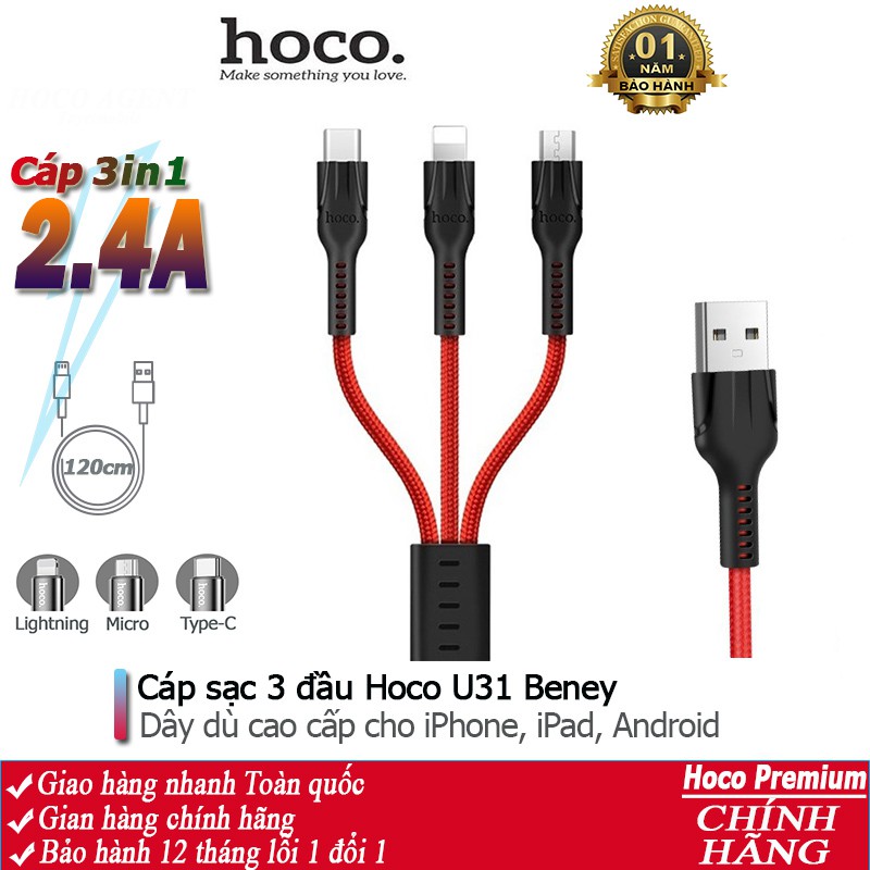 Cáp sạc 3 đầu Hoco U31 siêu bền đầu Lightning, Micro, Type-C dây dài 1.2m - Chính hãng