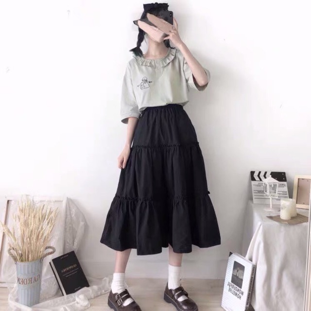 Chân váy dài, Chân váy xếp ly 3 tầng Ulzzang-siêu cute, cá tính