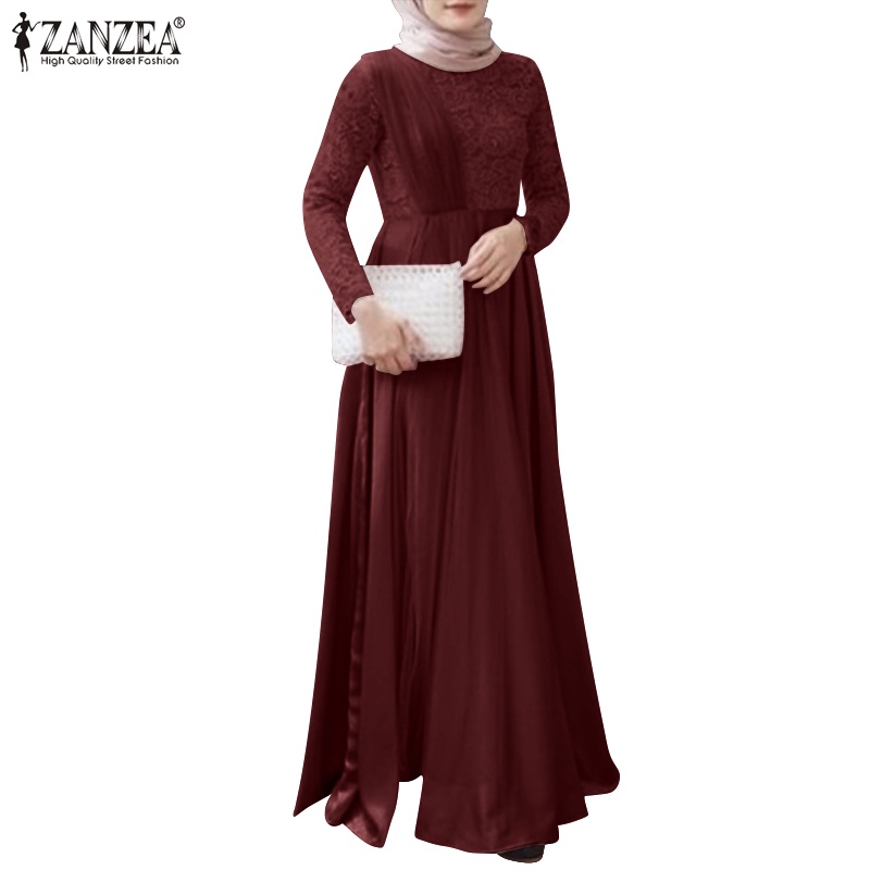 Đầm maxi Zanzea dài tay phối ren có khóa kéo thời trang dành cho nữ