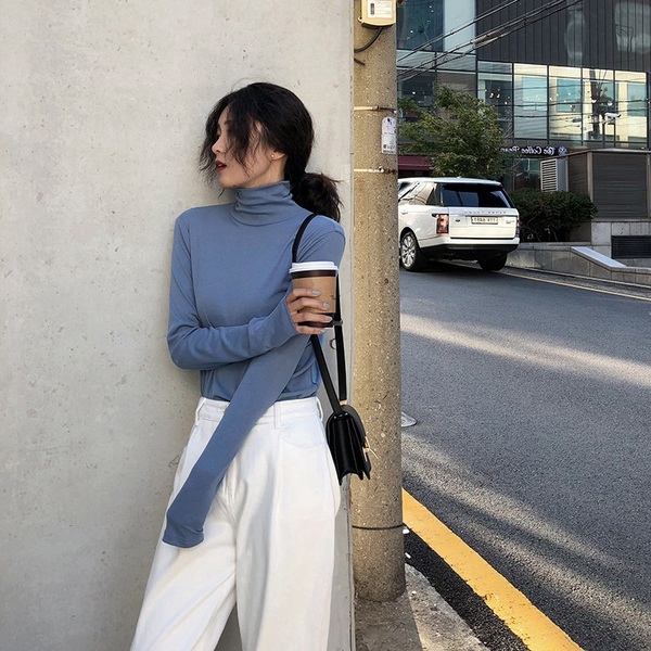 Áo thun tay dài cổ lọ màu trơn kiểu dáng thời trang mùa thu