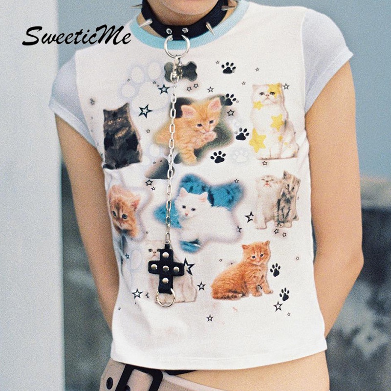 Áo Thun Cổ Tròn Tay Ngắn In Họa Tiết SweeticMe Thời Trang Cho Nữ