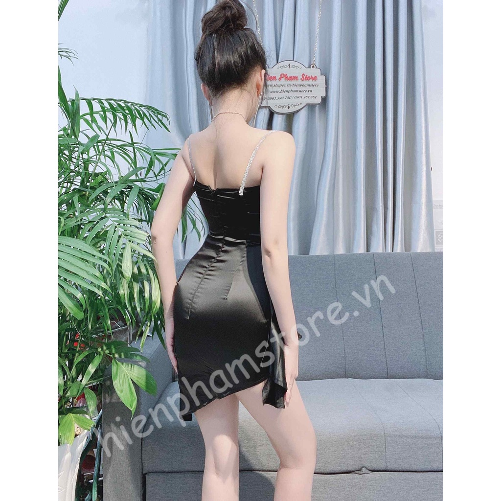 Đầm lụa 2 dây đính đá, bèo rũ xéo tà - DN7553
