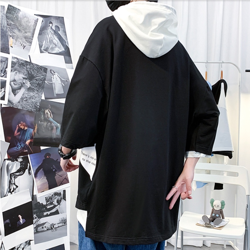 áo hoodie nam tay ngắn áo giả hai lớp Dáng Rộng Thời Trang Cá Tính in phong cách Hàn Quốc Hợp thời trang siêu đẹp from rộng hoodie