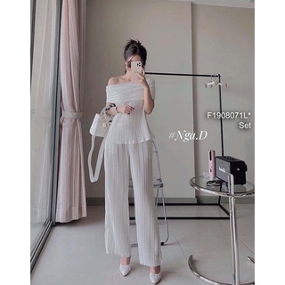Set dập ly áo kiểu trễ vai phối quần suông!