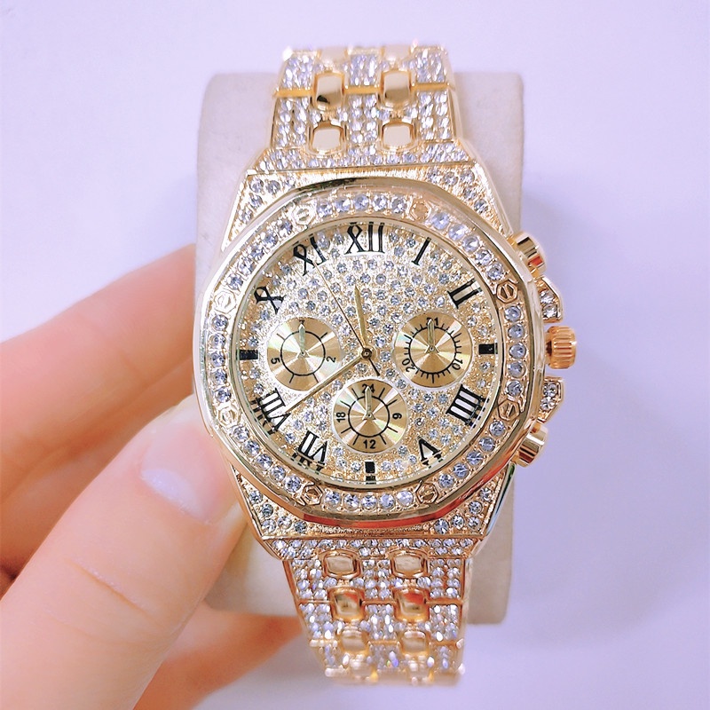 Đồng Hồ Quartz Nam Mặt Tròn Đính Hột Xoàn