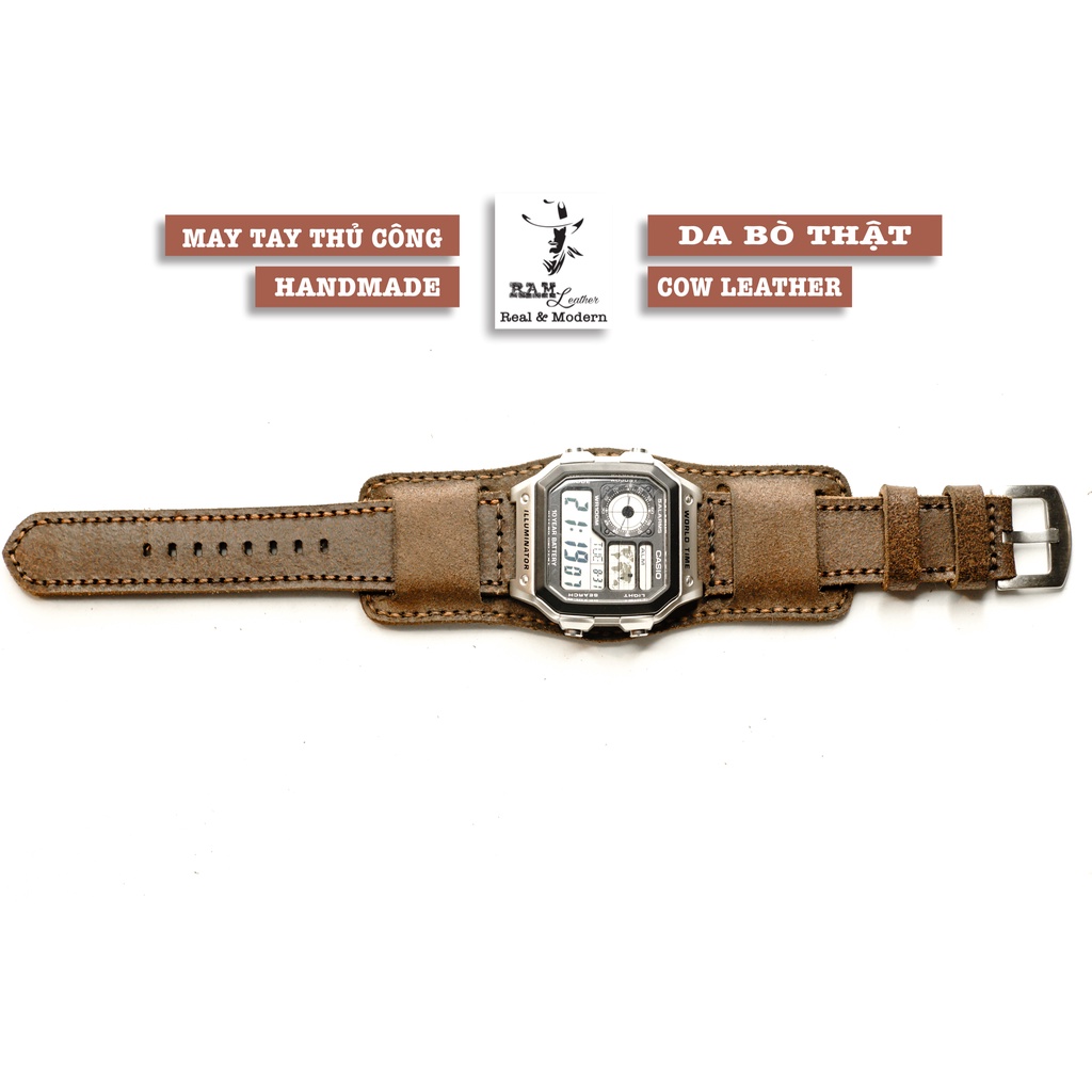 Dây đồng hồ RAM Leather cho CASIO 1200, AE 1200, 1300, 1100, A159 , A168 , Size 18 da bò thật