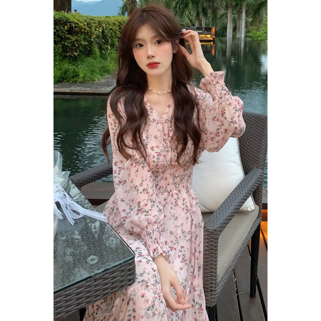 Váy hoa nhí nhẹ nhàng mùa thu màu hồng phấn xinh xắn dáng dài bồng bềnh Inin Shop