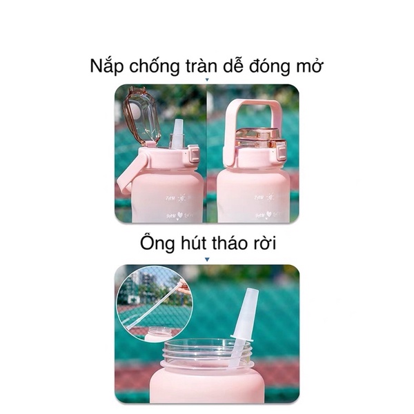 Bình đựng nước 2 lít cao cấp có vạch báo giờ kèm ống hút thiết kế chống tràn