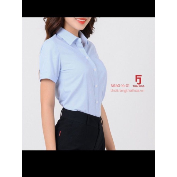 Áo sơ mi nữ Thái Hòa xanh sọc xuôi mã 640.