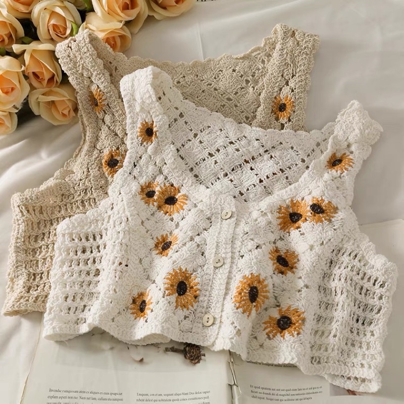 Áo ba lỗ dây len đan croptop len lỗ thoáng mặc ngoài sát nách hoa hướng dương đi biển phong cách hè