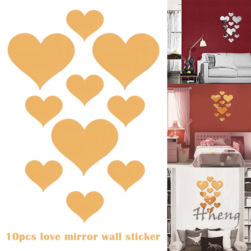 10 PCS Heart Shaped DIY Patterns TV Background Decor Mirror Wall Stickers Acrylic 3D Home Decal Living Room Murals