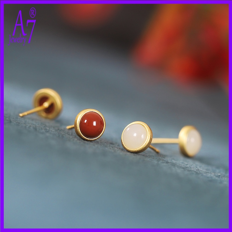 Bông Tai Mạ Bạc 925 Hình Quả Trứng Khảm Đá Mã Não Đỏ A7