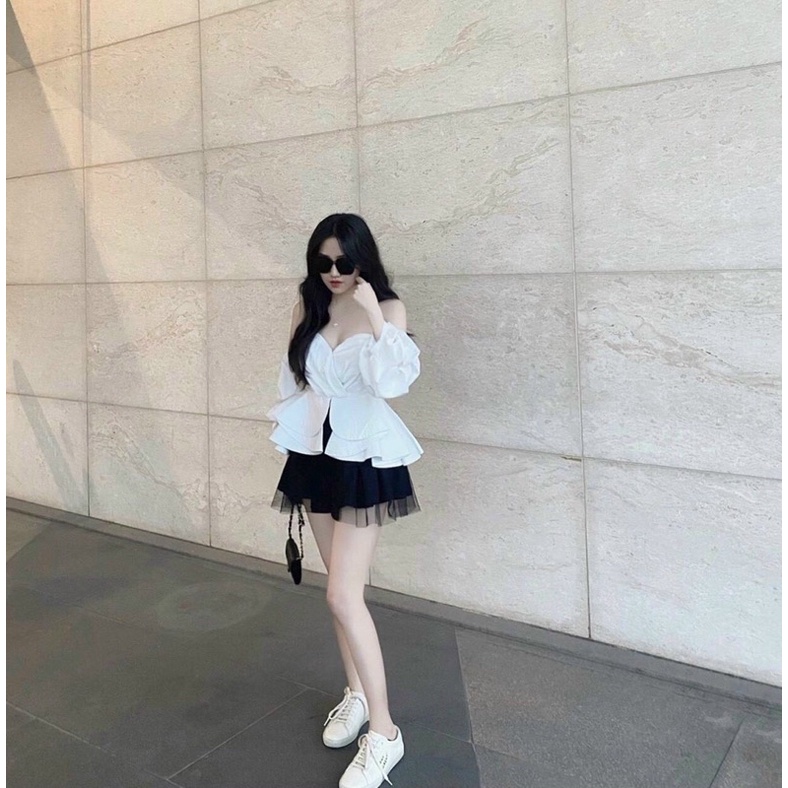 SET ÁO TRẮNG RỚT VAI BÈO CHÂN VÁY ĐEN ✨
