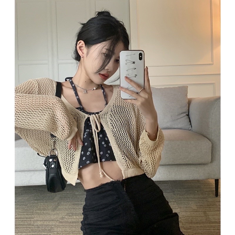 Áo khoác cardigan lưới buộc dây hàng QC siêu xinh - Áo cadigan croptop len lưới mỏng dáng lửng