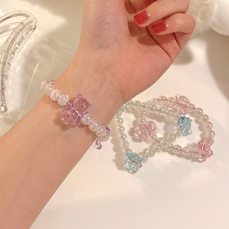 Vòng Tay Chuỗi Hạt Pha Lê / Mặt Gấu Dễ Thương Độ Co Giãn Cao Làm Quà Tặng Cho Bạn Gái