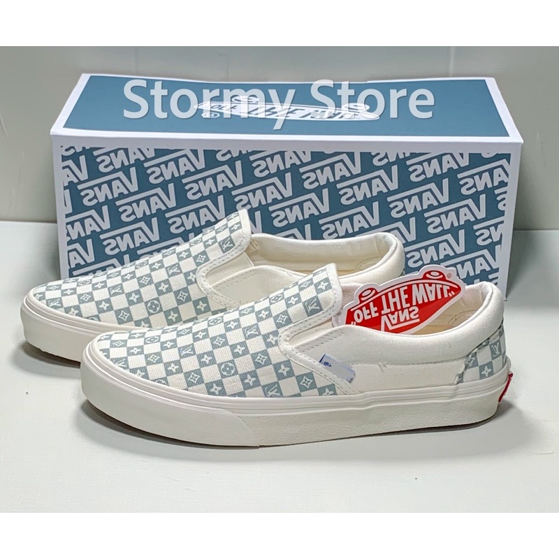 Giày Vans Lười LV Xám caro Chuẩn 1:1 Box Xanh