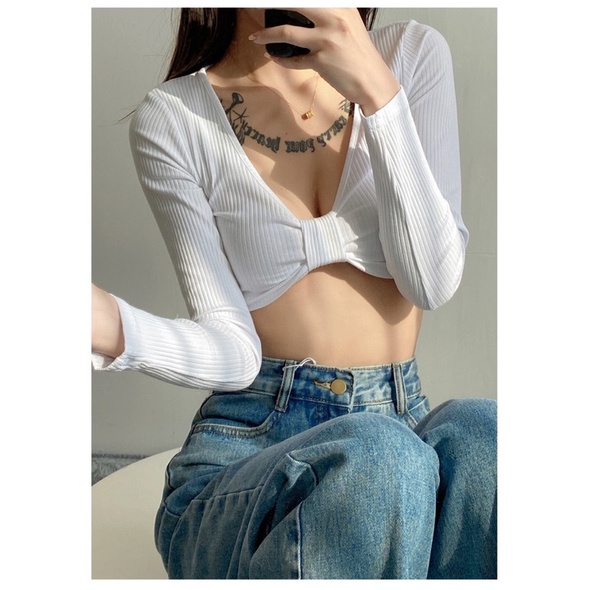 Áo Croptop Nữ Tay Dài, Xoắn Ngực Tạo Kiểu Hình Nơ - Tharo Clothing [AO00072]