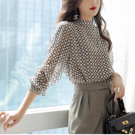 Áo Sơ Mi Giả Lụa Tay Dài Dáng Rộng Cổ Cao In Họa Tiết Hình Học Thanh Lịch Thời Trang Mùa Hè