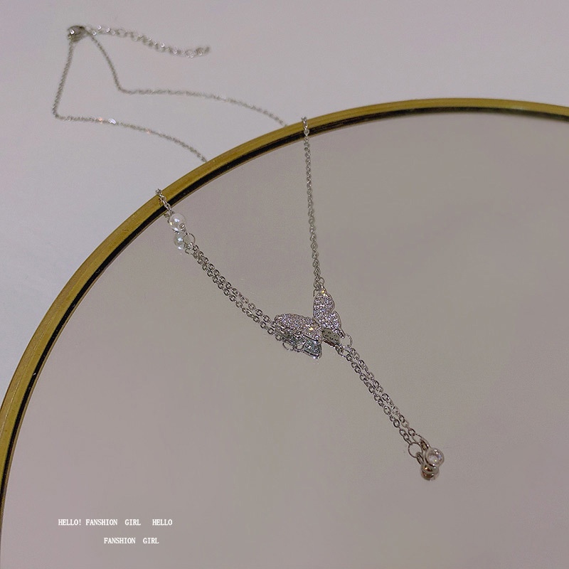 Vòng cổ bạc 17KM mặt hình bướm đính đá và ngọc trai nhân tạo thời trang