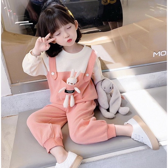 BỘ ÁO YẾM HỒNG THỎ DÀI TAY CHO BÉ