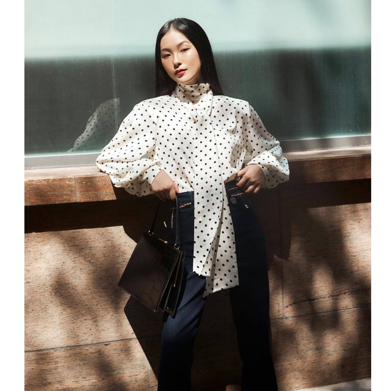 Áo sơ mi lụa satin chấm bi nữ HUONG BOUTIQUE HBSM938 cổ nơ