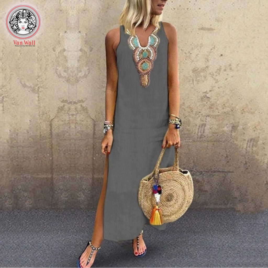 Đầm Maxi thời trang mùa hè cổ chử V in hình 3D Vestidos Verano Vintage chất liệu tốt