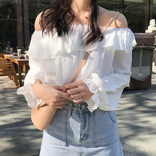 Áo chiffon tay dài trễ vai màu trơn dễ phối đồ thời trang xinh xắn cho nữ