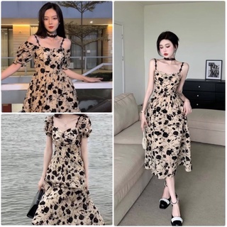 Váy Nữ 2 Dây- Cộc Tay Tiểu Thư+ Tặng Kèm Vòng Chocker Cổ, Hoạ Tiết Hoa Nổi, Lưng Chun Chất Liệu Tơ Đũi - Đầm sang chảnh.
