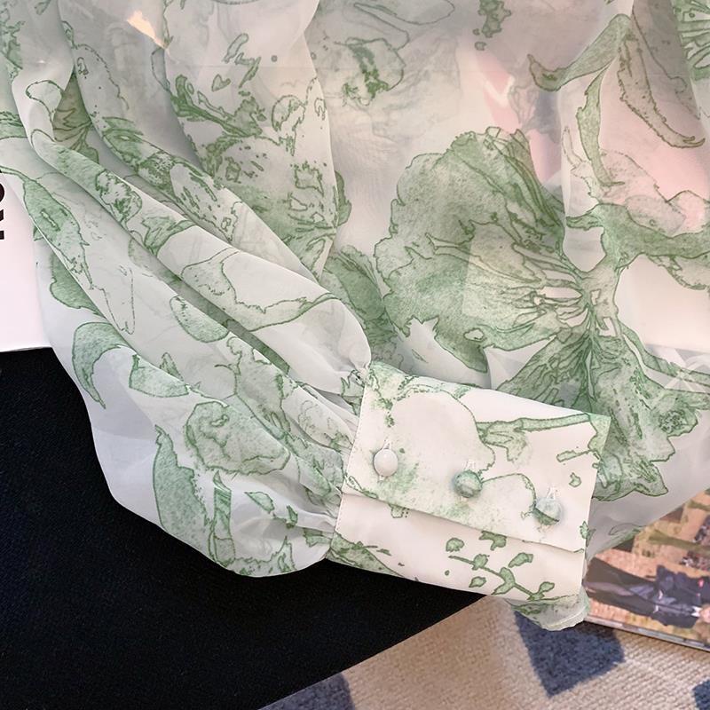 Áo Sơ Mi Chiffon Tay Dài Cột Dây In Họa Tiết Màu Xanh Lá Phong Cách Retro Mẫu Mới Dành Cho Nữ