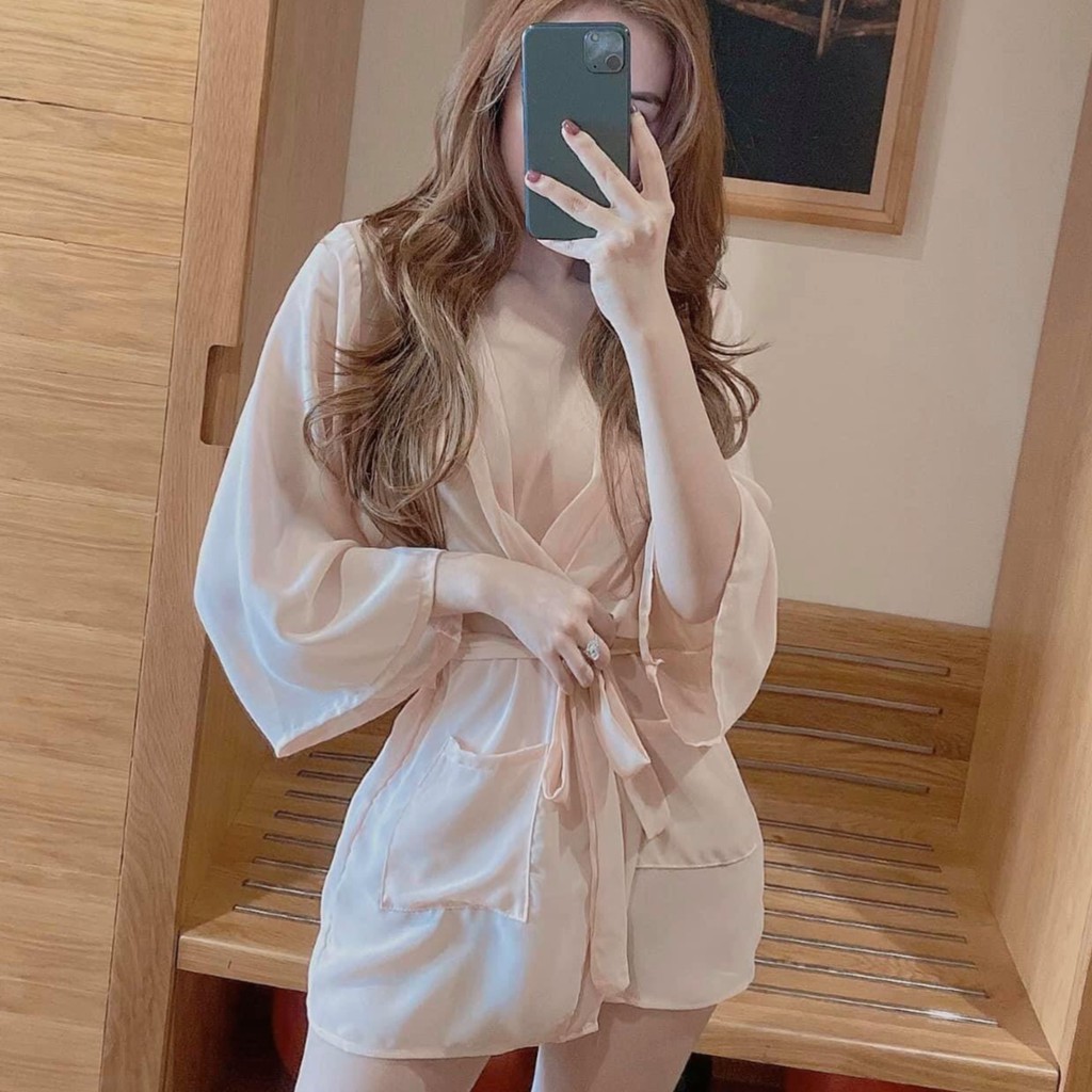 Váy ngủ xuyên thấu gợi cảm áo choàng sexy kiểu kimono tay dài có túi xinh xắn