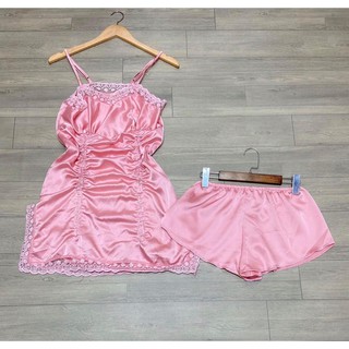 Đầm Ngủ 2 Dây Satin Phối Ren