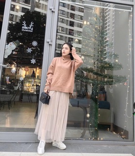 Áo len trơn cổ lọ lông thỏ