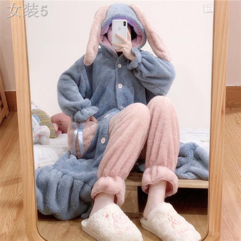 Phong cách Hàn Quốc đồ ngủ mùa thu và đông bộ nữ sinh viên rộng rãi nhung san hô dễ thương cộng với dày trong nh