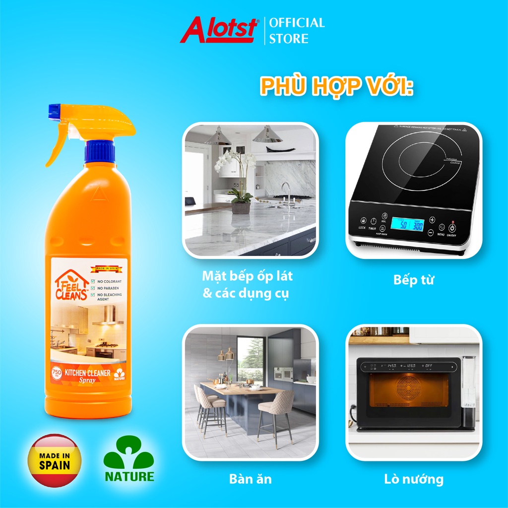 Nước lau xịt bếp FeelCleans 750ml Made in Spain