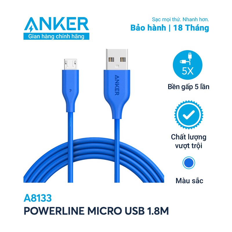 Cáp sạc điện thoại USB Micro chính hãng ANKER PowerLine A8133 dài 1m8