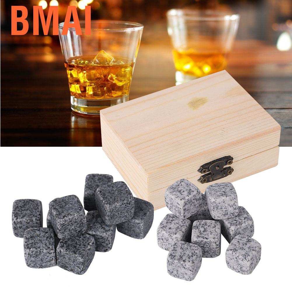 Bmai 9Pcs Whisky Wine Chilling Stones Set Bar Home Drink Chiller Rocks Wooden Box Packaging