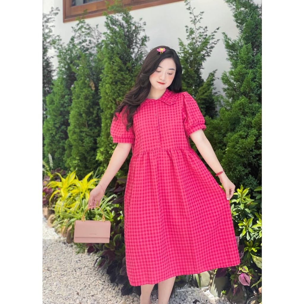 Váy babydoll vải đũi mềm đầm kẻ hồng sen mịn mát from dưới 58kg-Minxy shop