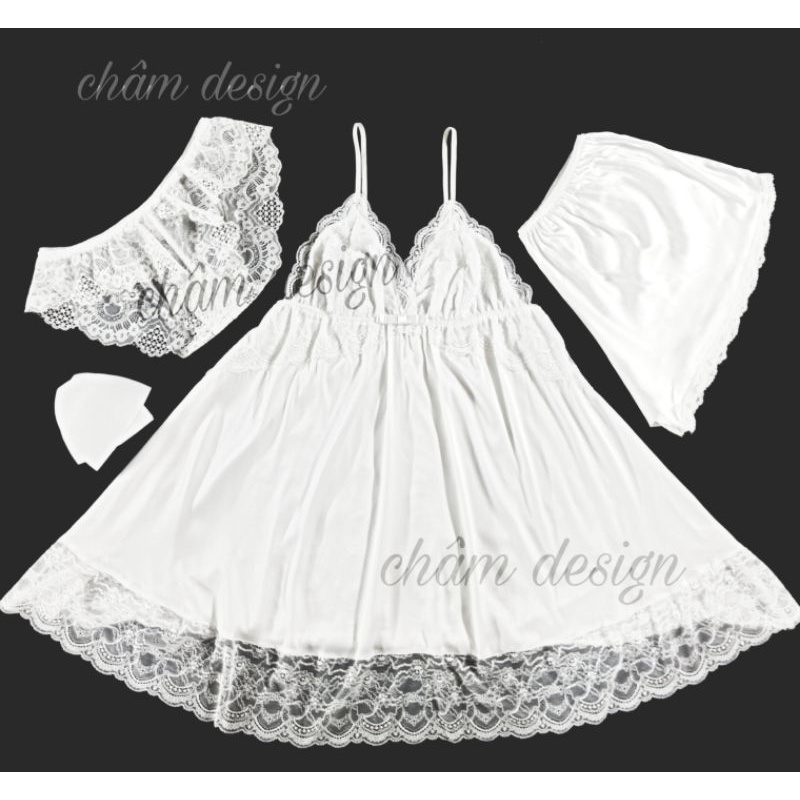 váy ngủ trắng lụa satin ốp ren chân ngực gắn nơ trắng 2 tầng, chân váy  kẹp ren hàng thiết kế độc quyền tại shop