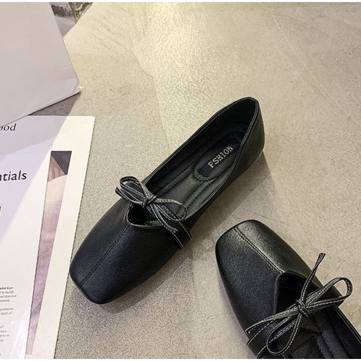 Giày bệt búp bê da mềm mũi vuông đế dẻo phối quai nơ giá rẻ xinh xắn cho nữ - GB42