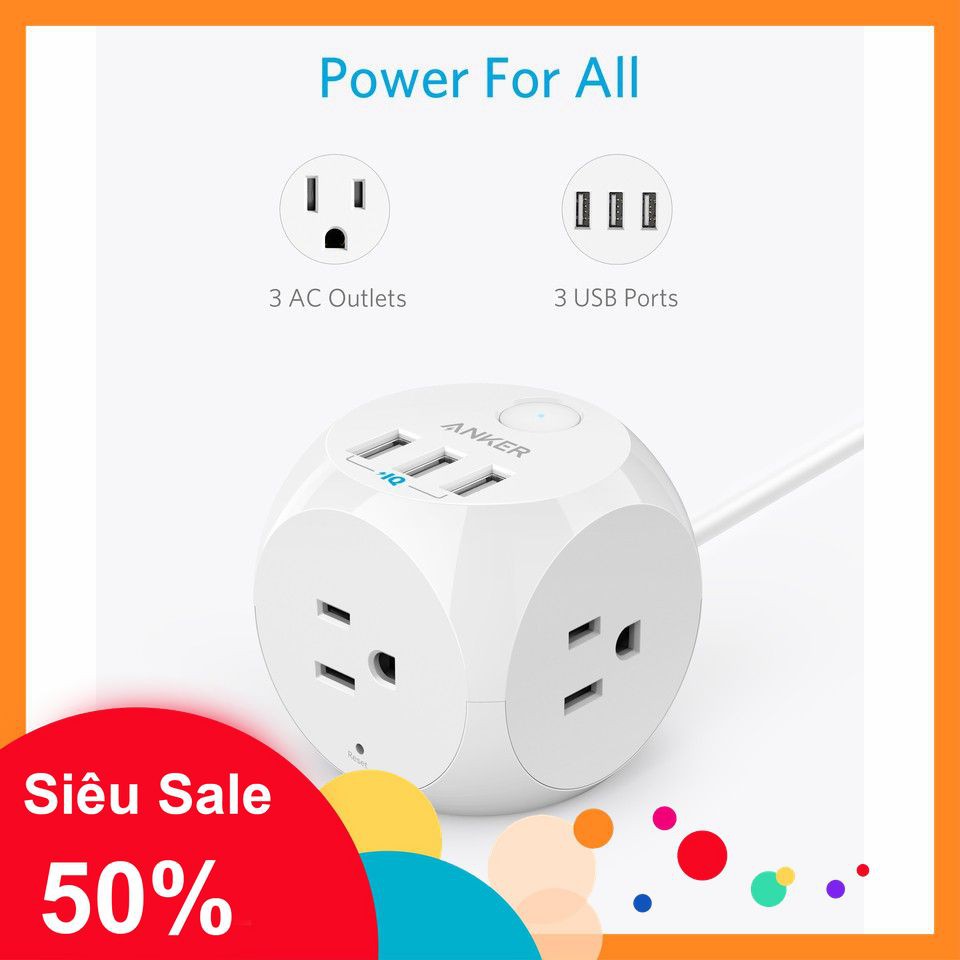 Sạc kiêm ổ cắm điện ANKER PowerPort PowerPort Strip CUBE 3 cổng cắm và 3 cổng USB sạc