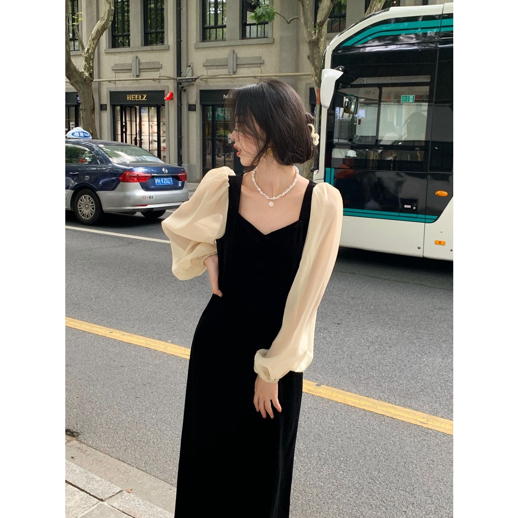 Váy thu dài tay ôm body - Đầm nhung phối tay co giãn có size, đơn giản nữ tính, thanh lịch