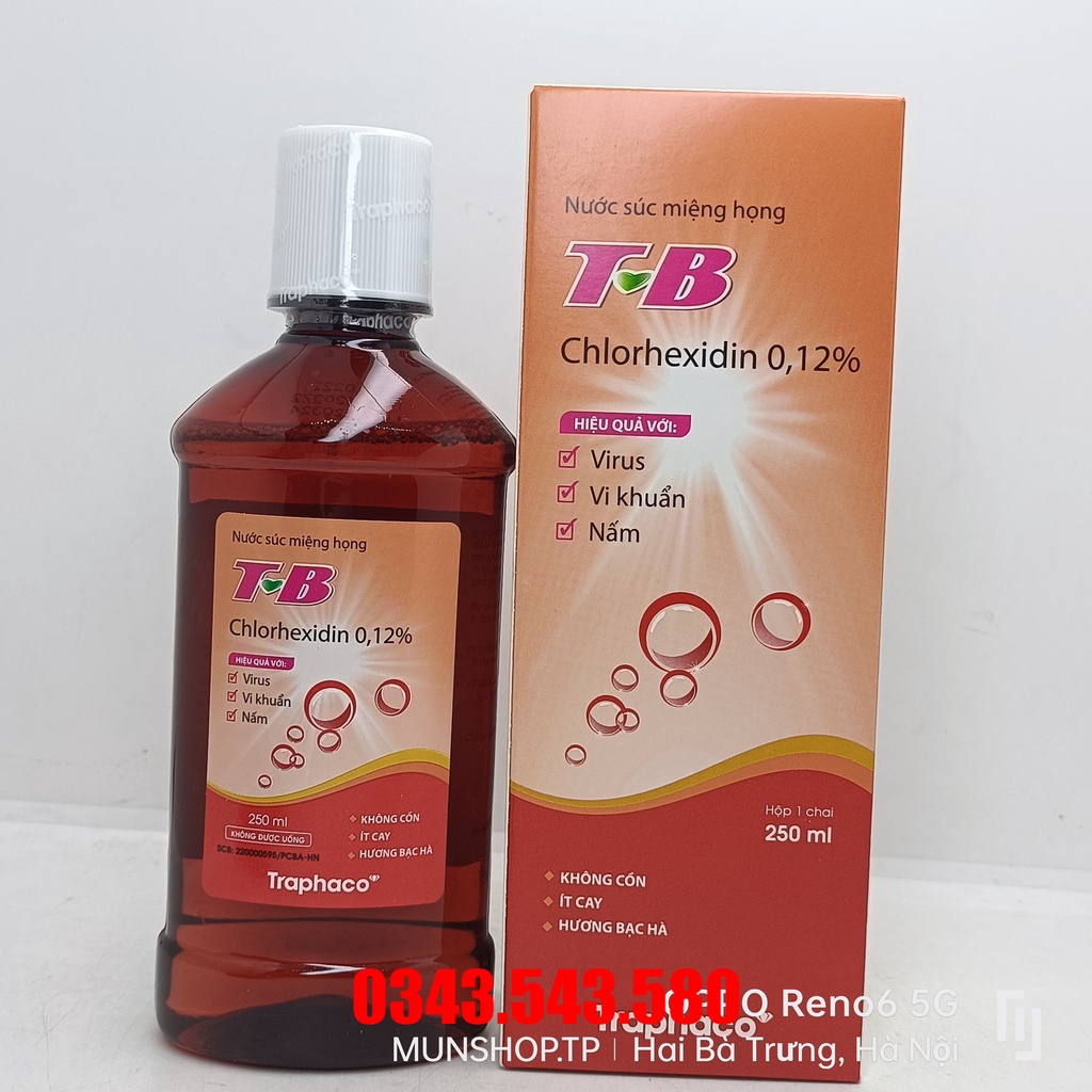 Nước súc miệng họng T-B Chlorhexidin 0,12% chai 250ml