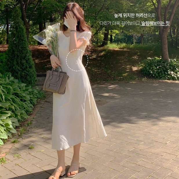 Đầm midi SUXI tay ngắn cổ chữ V màu trơn phong cách Hàn Quốc thời trang cho nữ