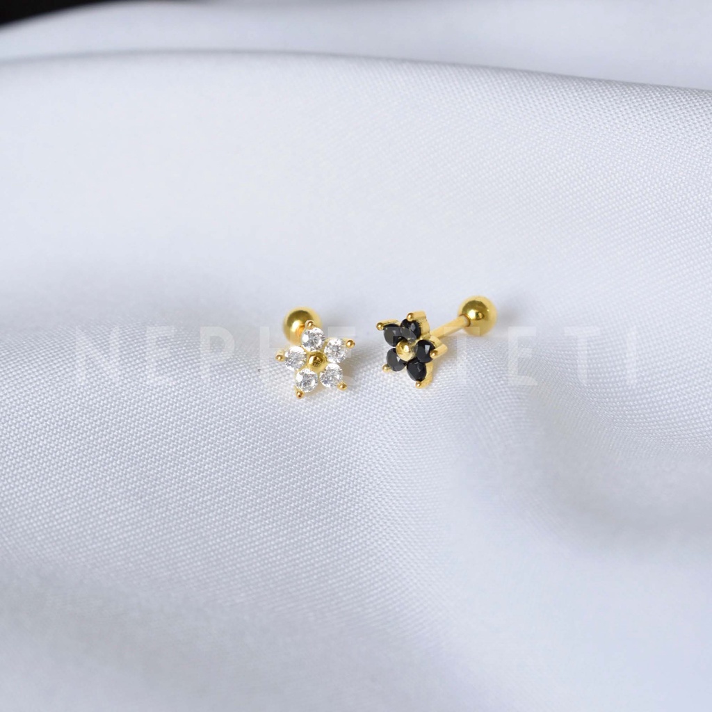 Khuyên tai bạc 925 mini - Hoa đá năm cánh chốt bi vặn  - Nepherteti