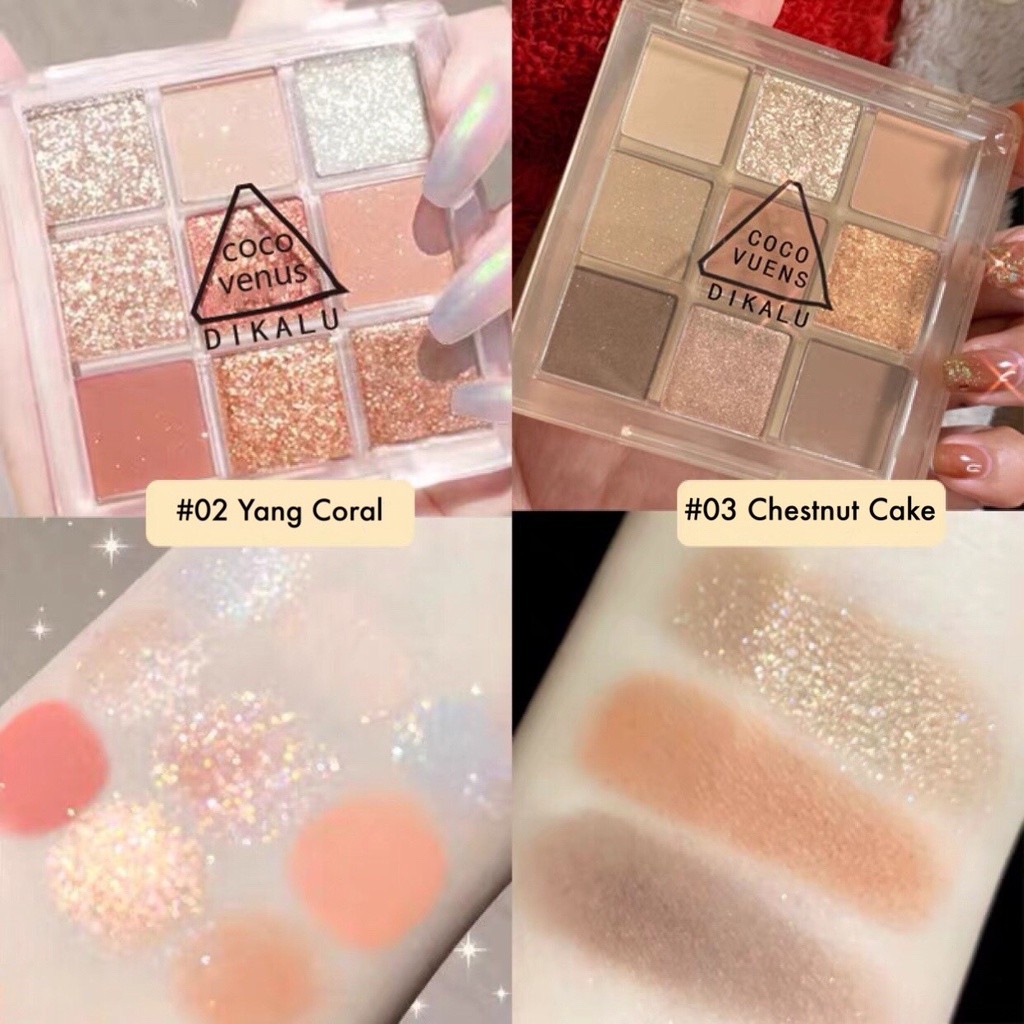 Bảng phấn mắt 9 ô màu nhũ bắt sáng DIKALU xinh xắn tiện lợi Coco Venus DIKA08 DIKA09