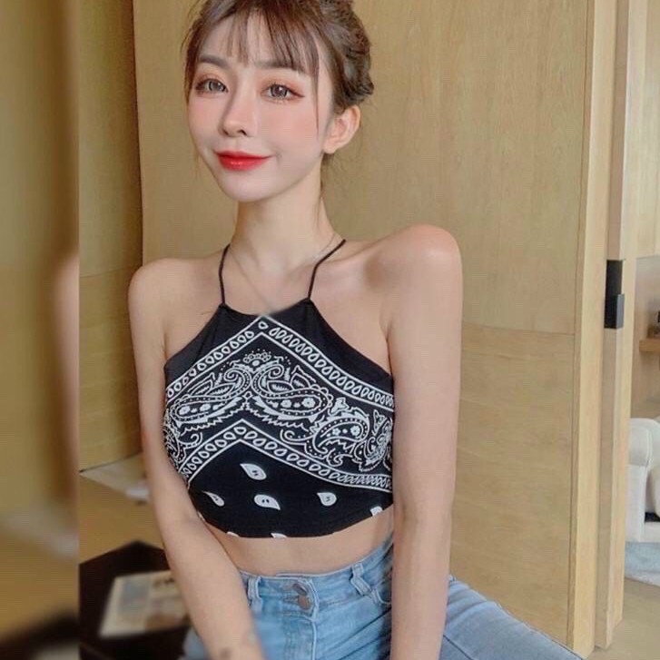 Áo croptop kiểu yếm phối thổ cẩm dây chéo lưng FreeSize dưới 52kg
