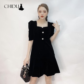 CHIDU váy nhung đuôi cá dáng xoè tay bồng SP329