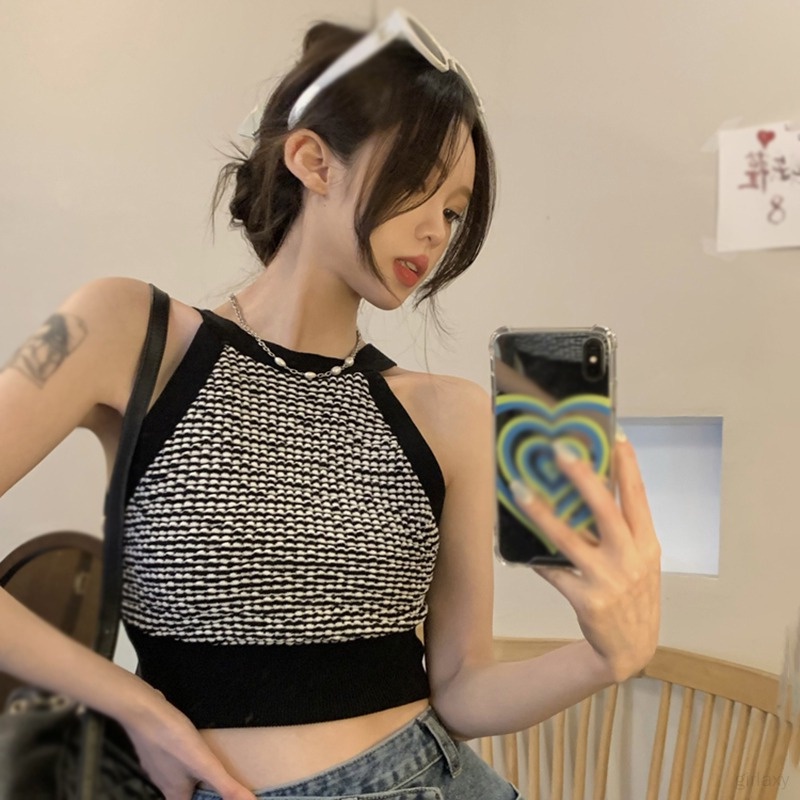 Áo Lửng Hai Dây Dệt Kim Kẻ Sọc Màu Sắc Gợi Cảm Thời Trang Mùa Hè Hàn Quốc Cho Nữ